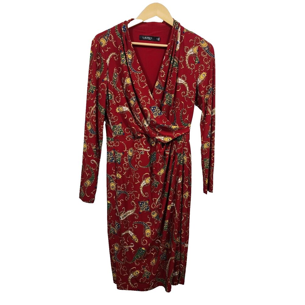 Lauren Ralph Lauren Paisley Faux Wrap Dress Red Jersey Knit Stretch Draped Sz 8